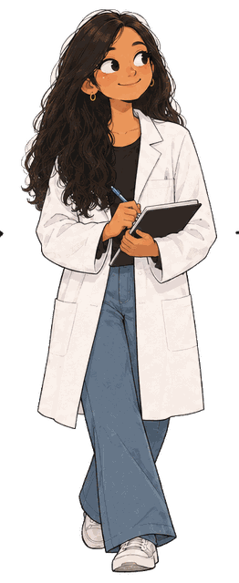 Swati in a lab coat as an R&D scientist on Whisper, notebook in hand