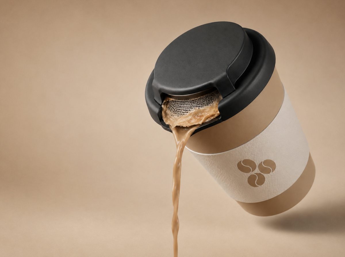 Un-Cream coffee cup straining milk skin as it pours