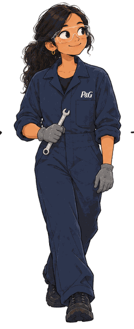 Swati in P&G Pampers coveralls holding a wrench