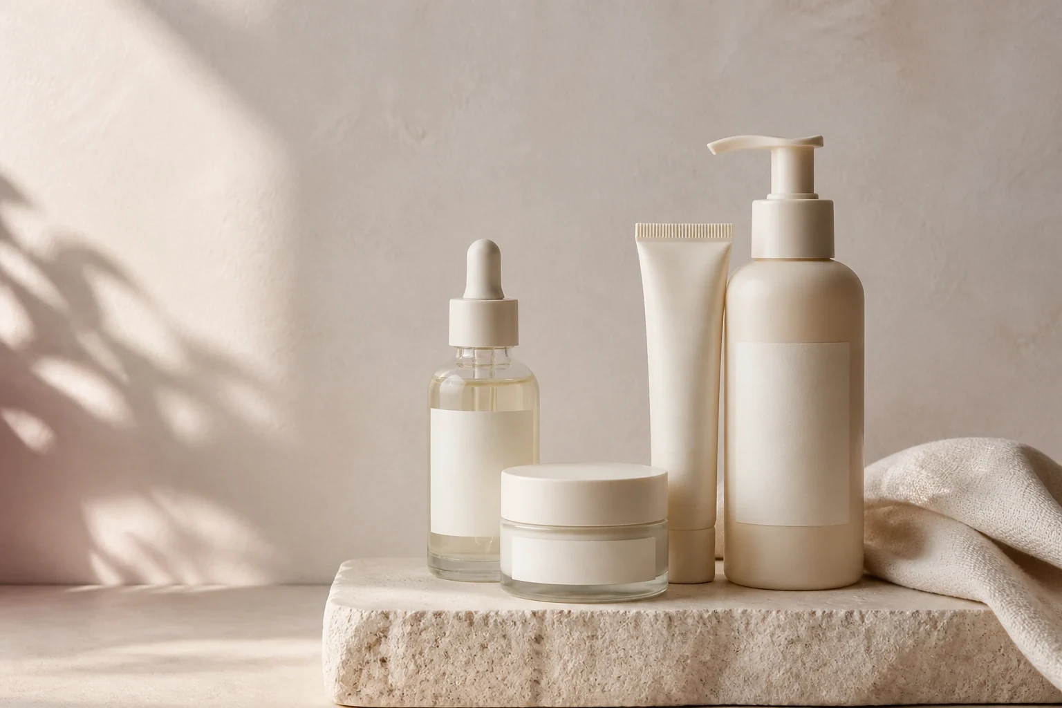 Skincare bottles, a tube and a jar on a stone block in soft morning light