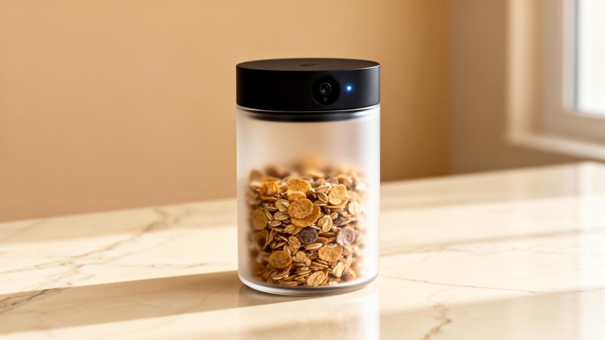 Xeyense frosted pantry jar with a camera lid, filled with granola