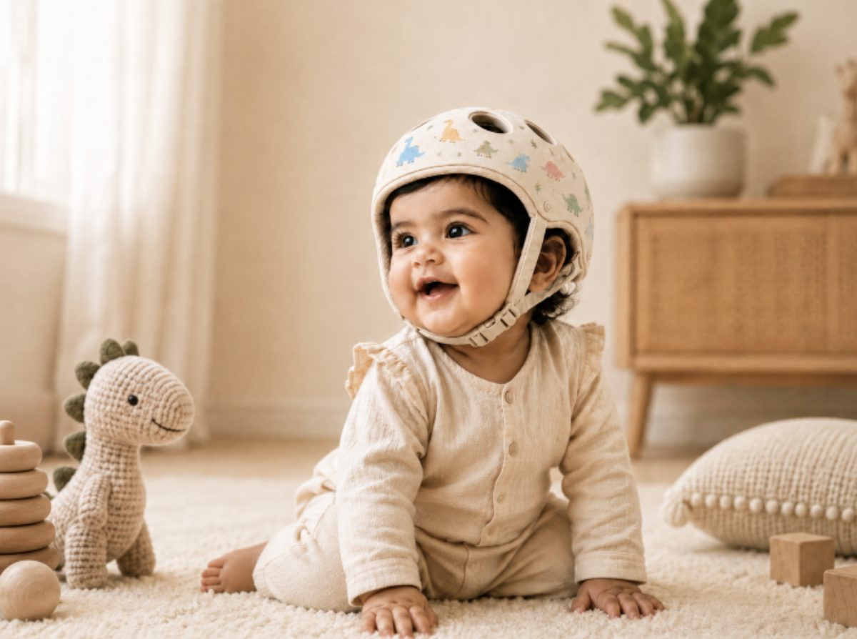 Smiling baby sitting on a rug wearing the soft helmet